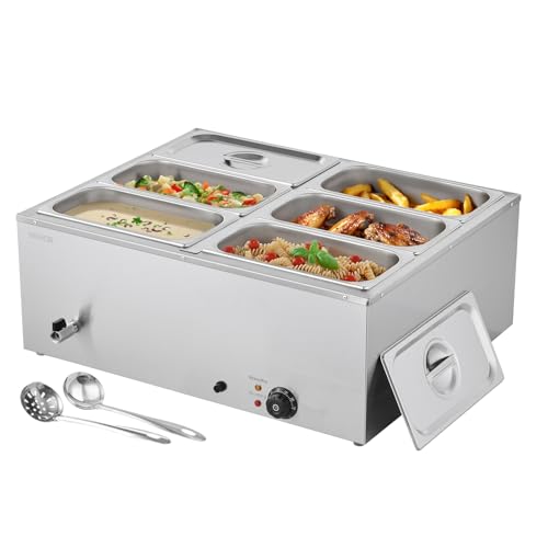 VEVOR kommerzieller Speisenwärmer (6 x 1/3 Größe Behälter), 1,5 kW elektrischer Wärmebehälter aus Edelstahl mit Abdeckung & Suppenkelle, Chafing Dishes Set für Catering Restaurant Party von VEVOR