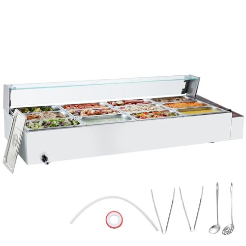 VEVOR kommerzieller Speisenwärmer mit 12 x 5 Qt Behältern, elektrischer Dampftisch mit Glasabdeckung, 1700 W Arbeitsplatte aus Edelstahl, Buffet-Bain-Marie, 30–85 °C Temperaturregelung für Gastronomie von VEVOR