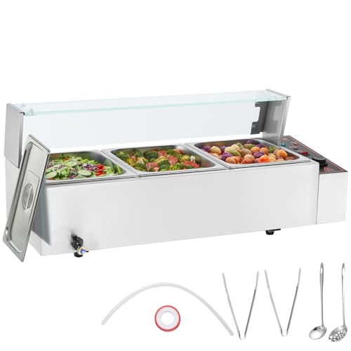 VEVOR kommerzieller Speisenwärmer mit 3 Behältern (8 Qt), elektrischer Dampftisch mit Glasabdeckung, 1500 W Arbeitsplatte aus Edelstahl, Buffet-Bain-Marie, 30–85 °C Temperaturregelung für Gastronomie von VEVOR