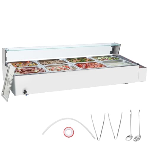 VEVOR kommerzieller Speisenwärmer mit 8 Behältern (je 8 Qt / 1/2 Größe), elektrischer Dampftisch mit Glasabdeckung, 1700 W Arbeitsplatte aus Edelstahl, Buffet-Bain-Marie, 30–85 °C Temperaturregelung von VEVOR