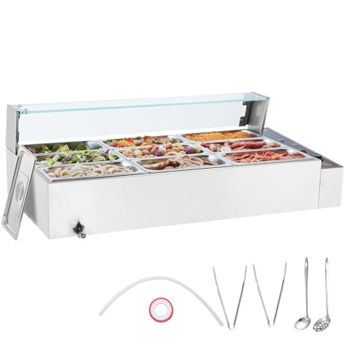 VEVOR kommerzieller Speisenwärmer mit 9 Behältern (je 5 Qt / 1/3 Größe), elektrischer Dampftisch mit Glasabdeckung, 1500 W Arbeitsplatte aus Edelstahl, Buffet-Bain-Marie, 30–85 °C Temperaturregelung von VEVOR