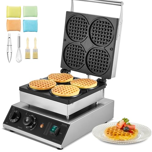VEVOR kommerzielles Waffeleisen Waffelmaschine 1750 W antihaftbeschichtetes belgisches Waffeleisen aus Edelstahl mit Temperatur- und Zeitregelung, für Restaurant Bäckerei Snackbar 4 runde Waffeln von VEVOR