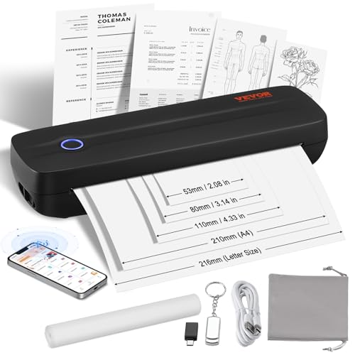 VEVOR mobiler Drucker tragbarer Thermodrucker Bluetooth-Tintenloser Drucker, Thermopapier im Format A4 A5 kompatibel mit iOS/Android/Laptop, 203 DPI Reisedrucker im Büro und zu Hause Schwarz von VEVOR