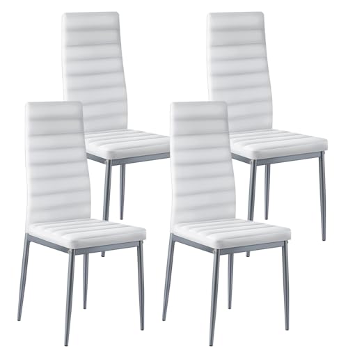 VEVOR moderner Esszimmerstuhl (4 STK.) eleganter gepolsterter Leder-Beistellstuhl (136 kg belastbar) für Esstische, platzsparender Küchentischstuhl mit dicken Kissen & Metallbeinen, Weiß Cafeteria von VEVOR