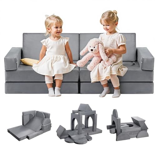 VEVOR modulare Spielcouch Anbausofa für Kleinkinder mit Armlehnen, 28D-Schwamm und Kurzflor, umwandelbare modulare Kindercouch zum Selbermachen, für Spielzimmer Schlafzimmer, 14-teilig, Grau von VEVOR