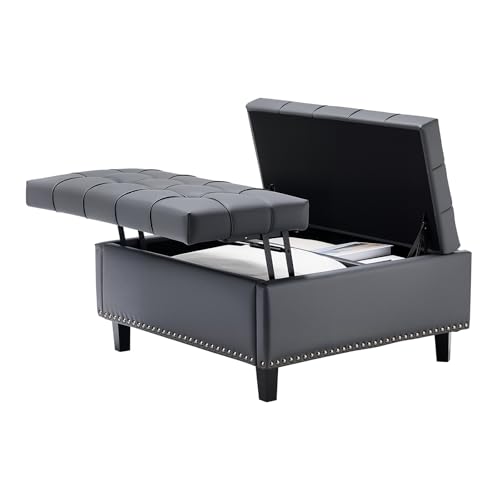 VEVOR quadratische Leder-Ottomane mit Stauraum, gepolsterter Couchtisch mit getufteten Knöpfen und Lift-Top- und Flip-Design, PU-Leder mit hochdichtem Schwamm für Wohnzimmer Schlafzimmer Grau von VEVOR