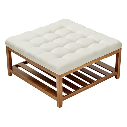 VEVOR quadratischer Couchtisch (875 x 875 x 445 mm) mit Ablagefläche aus Massivholz, massiv gepolsterte Ottomane mit Fußstütze aus Leinen für Schlafzimmer Wohnzimmer, 181,44 kg, Cremeweiß von VEVOR