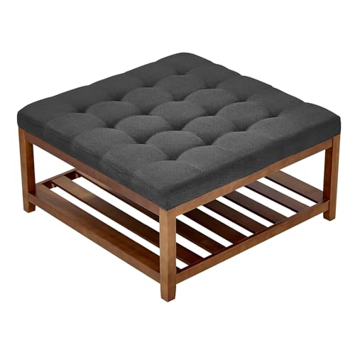VEVOR quadratischer Couchtisch (875 x 875 x 445 mm) mit Ablagefläche aus Massivholz, massiv gepolsterte Ottomane mit Fußstütze aus Leinen für Schlafzimmer Wohnzimmer, 181,44 kg, Dunkelgrau von VEVOR