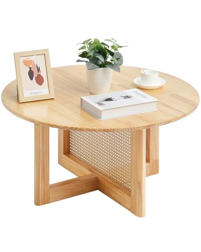 VEVOR runder Couchtisch aus geflochtenem Rattanholz mit Tischplatte aus Gummibaumholz, moderner Boho-Couchtisch (85 x 85 x 42 cm) mit Stauraum & Beinen aus Naturholz, für Wohnzimmer Schlafzimmer von VEVOR