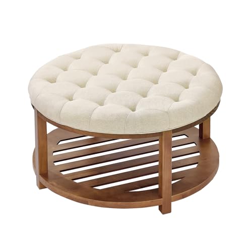 VEVOR runder großer Couchtisch (810 x 810 x 476 mm) mit Ablagefläche aus Massivholz, massiv gepolsterte Ottomane mit Fußstütze aus Leinen für Schlafzimmer Wohnzimmer, 158,76 kg, Leinenfarbe von VEVOR
