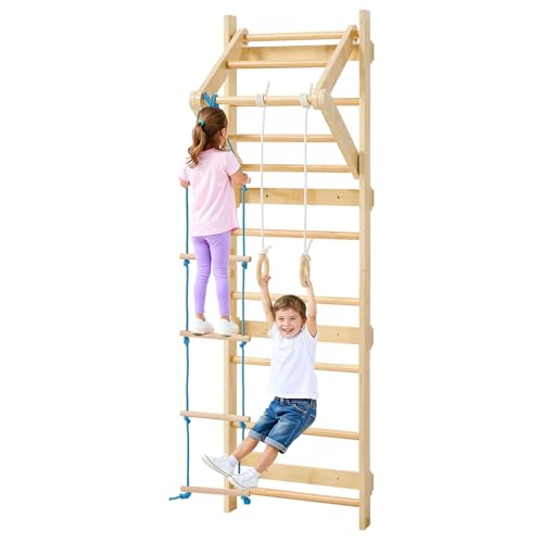 VEVOR schwedische Leiterwand 4 in 1 8-stufiges Kletterspielzeug aus Massivholz 100 kg belastbares Indoor-Klettergerüst mit Turnringen Klimmzugstange Strickleiter Wandleiter von VEVOR