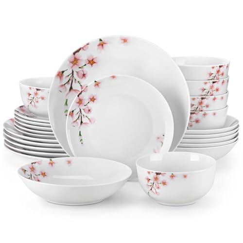 VEWEET ANNIE 24-teiliges Geschirrset 6 Personen, Porzellan Geschirr Set - Schüssel- und Teller Set, Tafelservice Kombiservice mit je 6 Speiseteller, Dessertteller, Suppenteller und Müslischalen von VEWEET