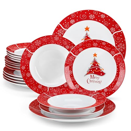VEWEET, Serie CHRISTMASTREE, 18-teiliges Porzellan Weihnachtsgeschirr Set für 6 Personen – Teller Set aus 6 Speiseteller, 6 Dessertteller, 6 Suppenteller, Weihnachtsgeschirr mit Weihnachtsbaum von VEWEET