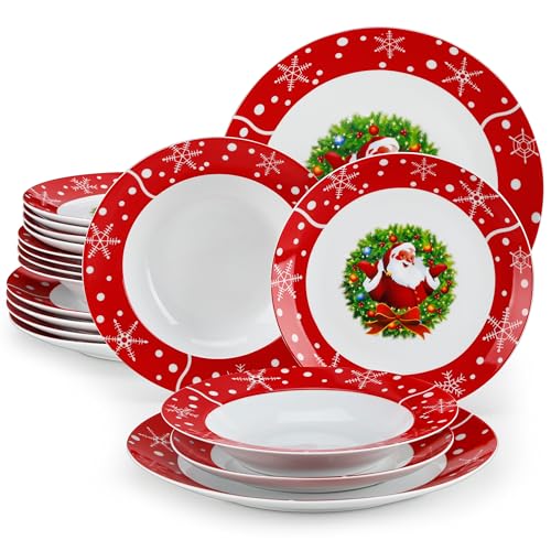 VEWEET, Serie SANTACLAUS, 18-teiliges Porzellan Weihnachtsgeschirr Set für 6 Personen – Teller Set aus 6 Speiseteller, 6 Dessertteller, 6 Suppenteller, Weihnachtsgeschirr mit Weihnachtsmann von VEWEET