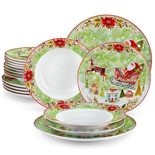 VEWEET, Serie XMAS, 18-teiliges Porzellan Weihnachtsgeschirr Set für 6 Personen – Teller Set aus 6 Speiseteller, 6 Dessertteller, 6 Suppenteller, Weihnachtsgeschirr mit Weihnachtsmann und Rentiere von VEWEET