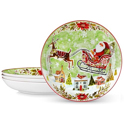 VEWEET, Serie XMAS, Weihnachts-Pastateller 4er Set aus Porzellan mit Weihnachtsmann und Rentier - 1440 ml Suppenteller, Tiefe Teller für Spaghetti, Große Suppenschüssel für Pasta Salat Suppe von VEWEET