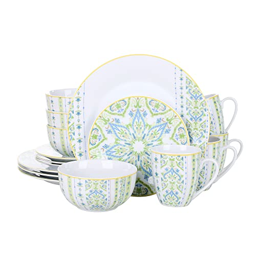VEWEET Geschirrset 4 Personen, 16-tlg. Porzellan Tafelservice, Boho Kombiservice mit Speisetellern, Desserttellern, Müslischalen und Kaffeebechern, Spülmaschinen- & Mikrowellengeeignet, Serie MAGDA von VEWEET
