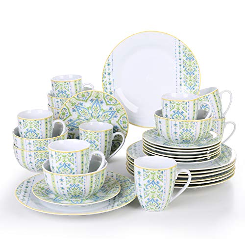 VEWEET, Serie Magda, 32-teiliges Kombiservice aus Porzellan mit 27,3 cm Speiseteller, 19,1 cm Dessertteller, 14 cm Müslischale und 380 ml Tasse, Service für 8 Personen von VEWEET