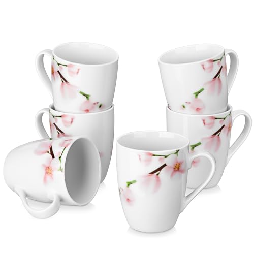 VEWEET ANNIE Kaffeetassen Set 6er, 330ml Kaffeetassen Set aus Porzellan, Kaffeebecher mit Henkel, Tassen Set, Kaffeetasse Groß, Spülmaschinenfest, Geeignet für Verschiedene Getränke von VEWEET
