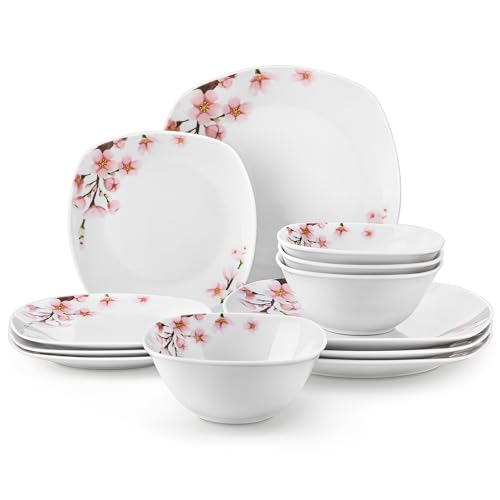 VEWEET Porzellan-Geschirr-Set mit rosa Blumen, 12-teilig, inklusive Speiseteller, Dessertteller und Müslischalen, Serie Annie von VEWEET