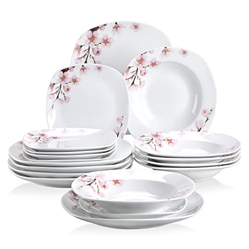 VEWEET Geschirrset 6 Personen, ANNIE 18-teilig Porzellan Geschirr Set, Tafelservice Kombiservice mit je 6 Speiseteller, Dessertteller und Suppenteller, Teller Set 6 Personen von VEWEET