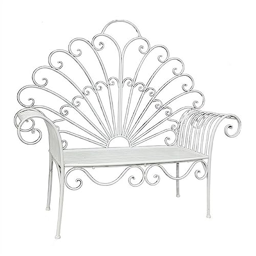 VEXDOSLE Außenbänke Nordische Gartenbank, pfauenförmiger dekorativer Freizeitstuhl for den Außenbereich, 61,0 Zoll Gusseisen-Außenterrassen-Gartenbanksitz – Weiß von VEXDOSLE