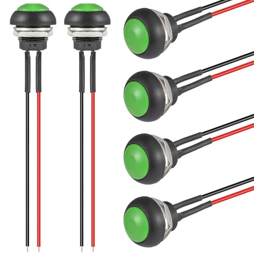 VEXUNGA 12MM Schalter Momentanen Taster Drucktaster Mini Momentary Push Button EIN AUS Druckschalter Wasserdicht Druckknopf Rund mit Kabel Grün (6 Stück) von VEXUNGA