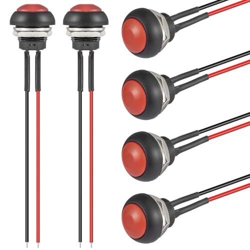 VEXUNGA 12MM Schalter Momentanen Taster Drucktaster Mini Momentary Push Button EIN AUS Druckschalter Wasserdicht Druckknopf Rund mit Kabel Rot (6 Stück) von VEXUNGA