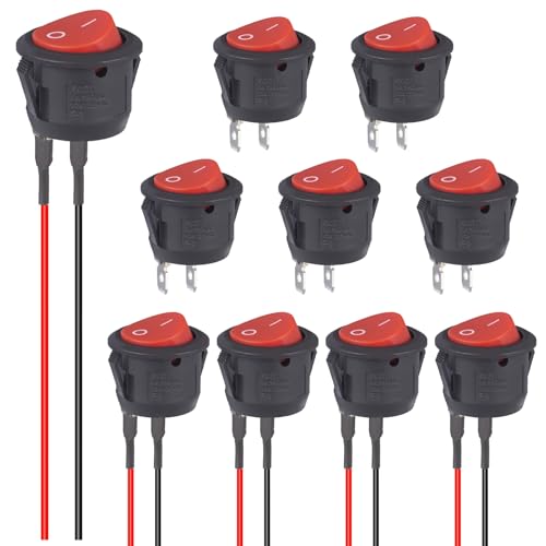 VEXUNGA Kippschalter 12V Schalter 5Stück Rund Wippschalter mit Draht et 5 Stück Rocker Switch Runde 2Polig Ein Aus 10A 125V 6A 250V Mini Kfz Einbauschalter Rot (10 Stück) von VEXUNGA