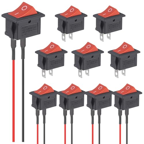 VEXUNGA Kippschalter 12V Schalter Ein Aus 5Stück Mini Boot Wippschalter mit Draht et 5 Stück Boat Mikroschalter 2Polig 2Position 10A 125V 6A 250V SPST Rot Rechteck Eingebettet (10 Stück) von VEXUNGA