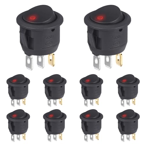 VEXUNGA Kippschalter Beleuchtet Rund Schalter 6A 250V AC 10A 125V Wippschalter 3 Polig Runde mit LED Rot 2 Position Ein/Aus Einbauschalter Schwarz Selbsthemmung (10 Stück) von VEXUNGA