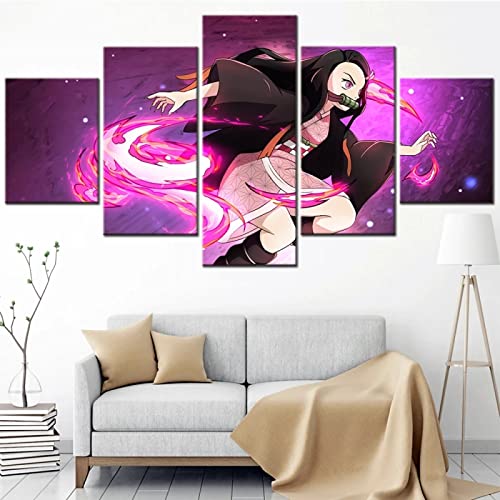 VEYEBZ 5 Stück Gerahmte Leinwand Malerei Kunst Abstrakte Modulare Poster 100×50Cm, Anime Demon Slayer, Nezuko Familie Schlafzimmer Wohnzimmer Dekor Möbel Hd Wandbild Drucken Geschenk von VEYEBZ