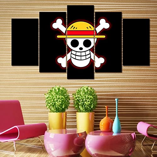 VEYEBZ 5 Stück Gerahmte Leinwand Malerei Kunst Abstrakte Modulare Poster 100×50Cm, Anime One Piece Straw Hat Logo Familie Schlafzimmer Wohnzimmer Dekor Möbel Hd Wandbild Drucken Geschenk von VEYEBZ