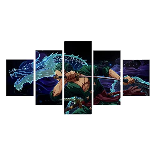 VEYEBZ 5 Stück Leinwandgemälde Wandkunst Anime One Piece,Roronoa Zoro HD Bild 5 Teiliges Leinwand Drucke 150×80cm Mit Rahmen Modulare Wandmalerei Abstraktes Poster Zimmer Dekoration Geschenk von VEYEBZ