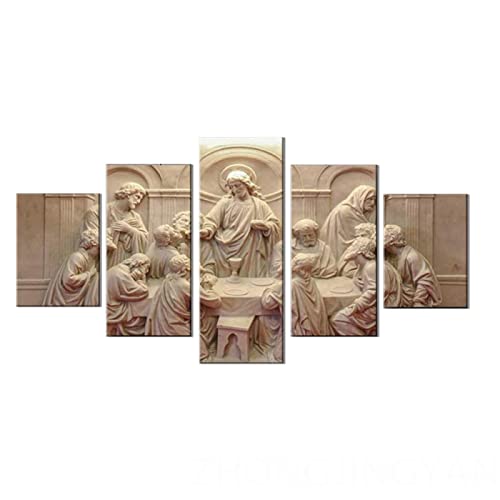 VEYEBZ 5 Stück Leinwandgemälde Wandkunst Das Letzte Abendmahl Relief HD Bild 5 Teiliges Leinwand Drucke 150×80cm Mit Rahmen Modulare Wandmalerei Abstraktes Poster Zimmer Dekoration Geschenk von VEYEBZ