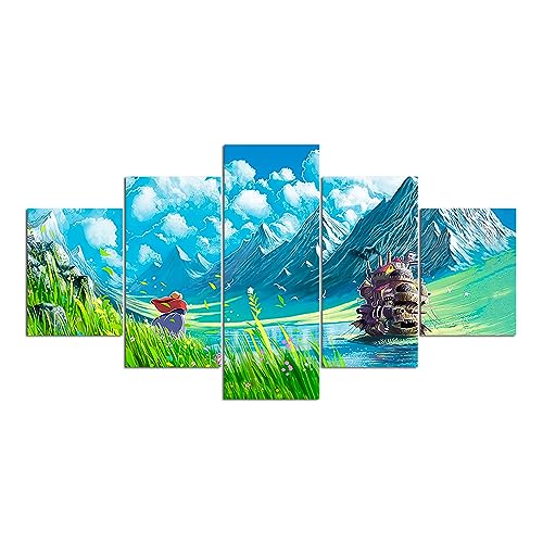 VEYEBZ 5 Stück Leinwandgemälde Wandkunst Mädchen und Schloss HD Bild 5 Teiliges Leinwand Drucke 75×40cm Mit Rahmen Modulare Wandmalerei Abstraktes Poster Zimmer Dekoration Geschenk von VEYEBZ