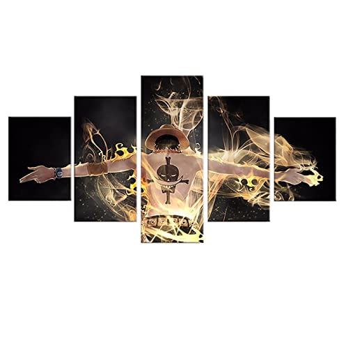 VEYEBZ 5 Stück Leinwandgemälde Wandkunst Portgas·D·Ace,One Piece HD Bild 5 Teiliges Leinwand Drucke 150×80cm Mit Rahmen Modulare Wandmalerei Abstraktes Poster Zimmer Dekoration Geschenk von VEYEBZ