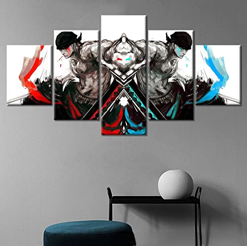 VEYEBZ 5 Stück Leinwandgemälde Wandkunst Roronoa Zoro One Piece HD Bild 5 Teiliges Leinwand Drucke 150×80cm Mit Rahmen Modulare Wandmalerei Abstraktes Poster Zimmer Dekoration Geschenk von VEYEBZ