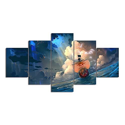 VEYEBZ 5 Stück Leinwandgemälde Wandkunst Thousand Sunny,One Piece HD Bild 5 Teiliges Leinwand Drucke 150×80cm Mit Rahmen Modulare Wandmalerei Abstraktes Poster Zimmer Dekoration Geschenk von VEYEBZ