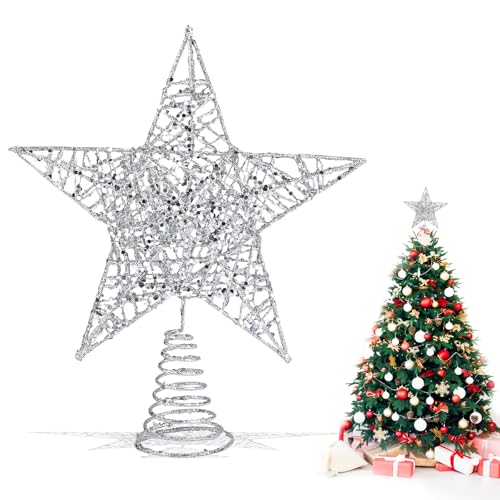 VEYLIN 25cm silbernes Pentagramm，Weihnachtsbaum Stern Tpper,Christbaumspitze Stern Silber, Weihnachtsdeko Baumspitze (Silberne) von VEYLIN