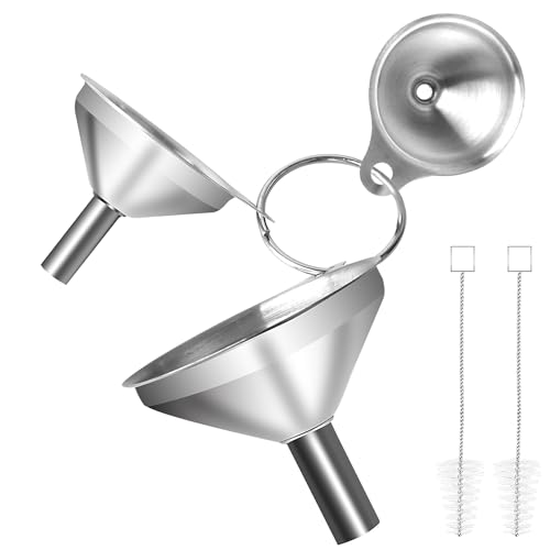 VFANDV 3 Stück Edelstahl Trichter Set, Klein Küche Strainer Trichter mit 2 Reinigungsbürste Stapelbarer Kleiner Trichter mit Griff Trichter für Übertragen von Flüssigkeiten und Pulver, 4.5/5.5/7.5cm von VFANDV