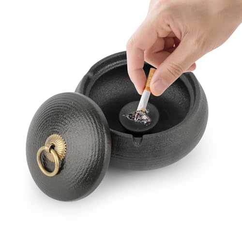 VFANDV Aschenbecher für Draussen mit Deckel, Windaschenbecher Keramik, Robuster Sturmaschenbecher, Erleichtert Die Reinigung, für Zuhause und BüRo Dekoration (Schwarzes) von VFANDV