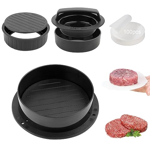 VFANDV Burgerpresse, Professionelle Hamburgerpresse 3 in 1 Set Burger Patty Presse mit 100 Blatt Burger Papier Burger Pattie Press mit Griff aus ABS für Burger Grill Patties Frikadellen Leckere von VFANDV