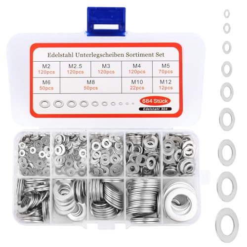 VFANDV Flach Unterlegscheiben Set 684 Stück, Unterlegscheiben Edelstahl Beilagscheiben Sortiment Sicherungsscheiben Türscharnier, 9 Größen M2 M2,5 M3 M4 M5 M6 M8 M8 M10 M12 von VFANDV