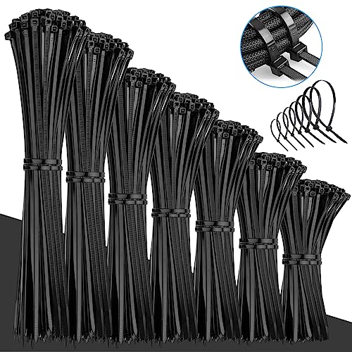 VFANDV Kabelbinder, 1000 Stück Kabelbinder Schwarz Set, 100/150/200/250/300 mm Halter für Kabelbinder in schwarz, Selbsthemmend Kabelbinder für Kabelmanagement, Gartenarbeit (Black 1000p) von VFANDV