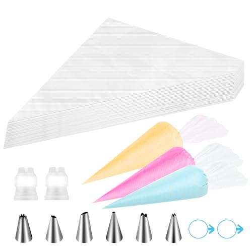 VFANDV Spritzbeutel Einweg,100 Stück Spritzbeutel mit 6 Verschiedenen Edelstahl Spritztüllen 2 Adapter 2 Zwei Gummibänder Spritzbeutel Set für Gebäck Keksen Torten Geeignet Kuchen (20 x 30CM) von VFANDV
