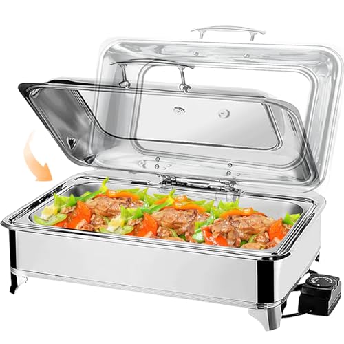 Chafing Dish Elektrisch 9L, Catering Warmhaltebehälter Edelstahl, Rechteckiger Chafing Dish Set Speisenwärmer mit Sichtbarem Glasdeckel(1pan) von VFDZ