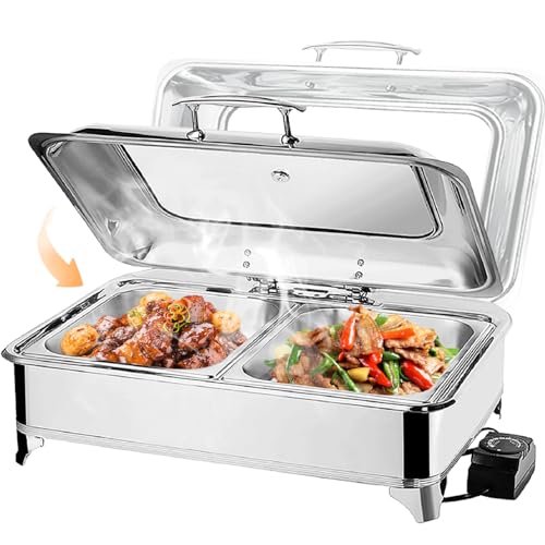 VFDZ Chafing Dish Elektrisch 9L, Catering Warmhaltebehälter Edelstahl, Rechteckiger Chafing Dish Set Speisenwärmer mit Sichtbarem Glasdeckel (2pans) von VFDZ
