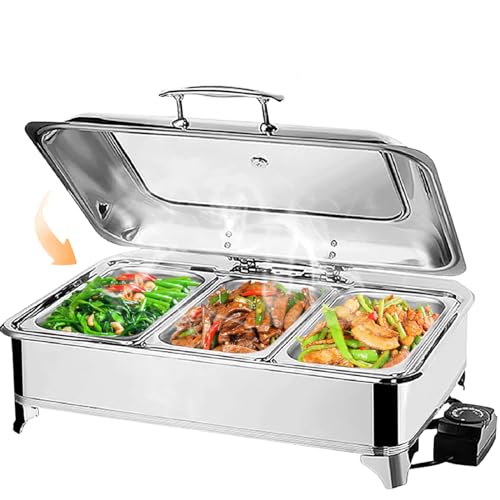 VFDZ Chafing Dish Elektrisch 9L, Catering Warmhaltebehälter Temperatureinstellknopf, Rechteckiger Chafing Dish Set Speisenwärmer mit Sichtbarem Glasdeckel(A, 1/3 PAN) von VFDZ