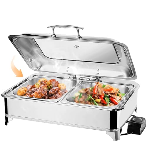 VFDZ Chafing Dish Elektrisch 9L, Catering Warmhaltebehälter Temperatureinstellknopf, Rechteckiger Chafing Dish Set Speisenwärmer mit Sichtbarem Glasdeckel (A, 1/2 PAN) von VFDZ